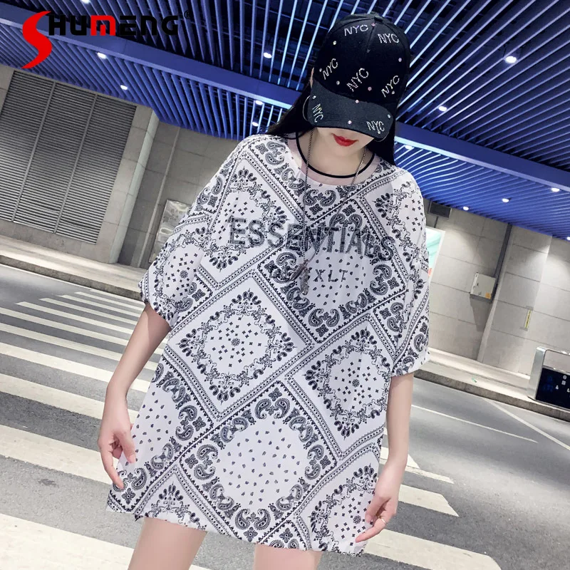 

2021 Summer Ladies Fashion Personalized Printed T-shirt Women's Mid-Length Loose Korean Style Ins Retro O-neck Pullover Top Tee