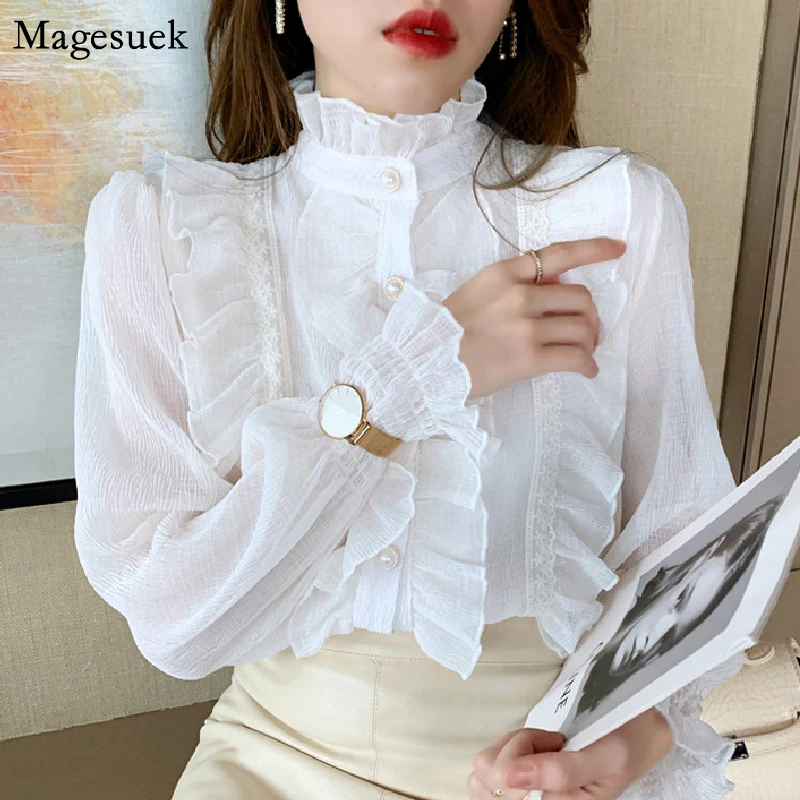 Korean Lace Ruffles Elegant Chiffon Shirt Woman Chic Long Sleeve Stand Collar Blouses Women Casual Loose White Tops Blusas 13433 | Женская