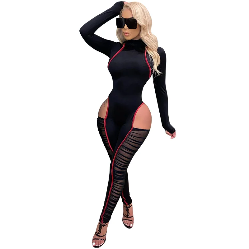 Solid Color Stitching Mesh Jumpsuit Sexy Long-sleeved Contrast Color Jumpsuit Europe and America Women's Clothing
