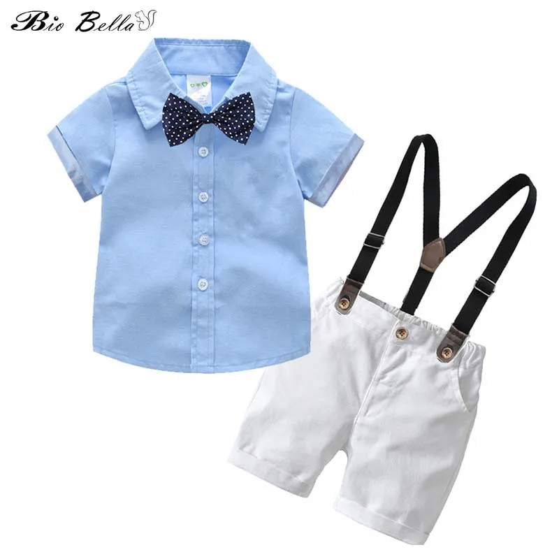 

Summer Baby Boy Kids Casual Gentleman Suit Blue Bowtie Decor Short Sleeve Shirt+Suspender Shorts Overalls Gentle Clothes Set