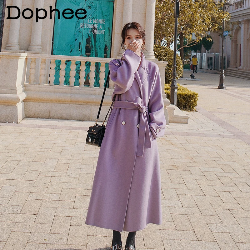Elegant Purple Cashmere Coat Women 2021 Winter Windbreaker Hepburn Style Double-Breasted Office Lady Long Woolen Coat Outerwear