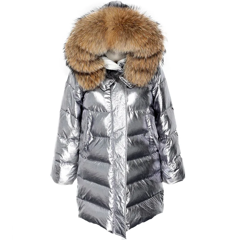 New Winter Long Duck Down Jacket Women Real Fur Coat Fashion Parkas Real Fur Collar Thick Warm Silver Streetwear Outerwear