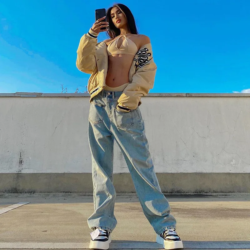 

2021 Personality Reverse-wear Front Pocket Baggy Pants Low-waisted Sexy Blue Sexy Loose Slim Straight-leg Jeans Streetwear