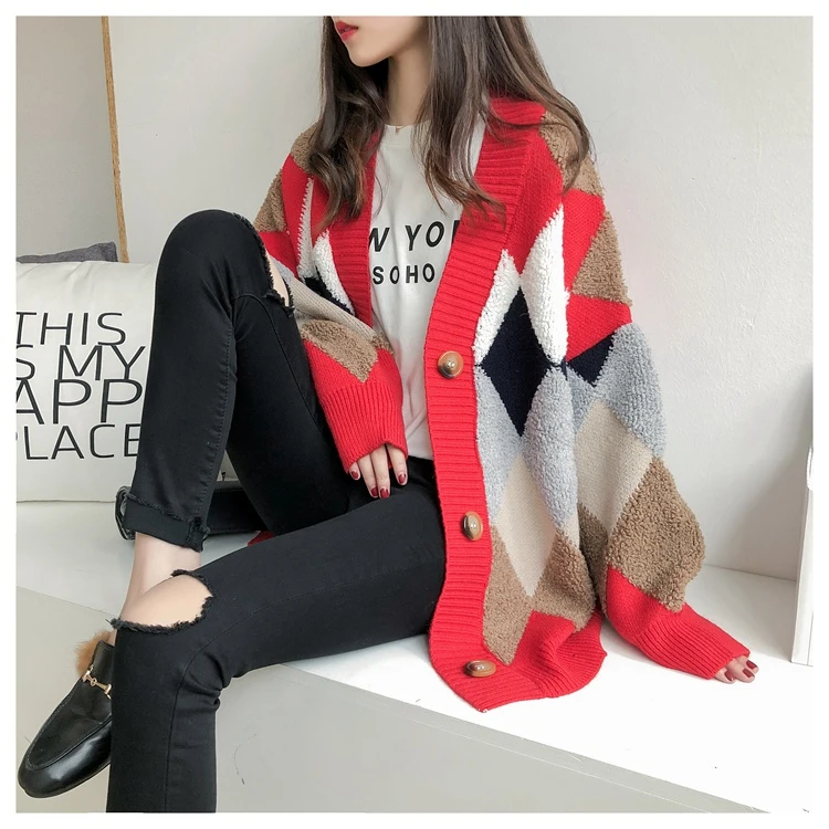CHERSHOP женские Свитера Осень Зима 2019 модные повседневные клетчатые кардиганы с
