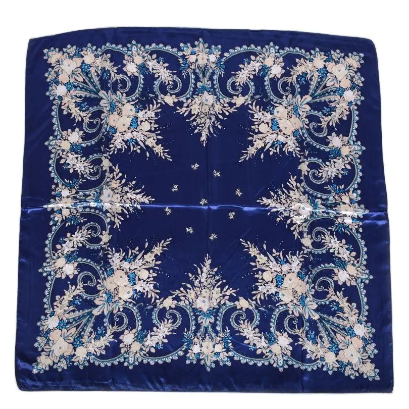 [BYSIFA] White Chinese Roses Women Silk Scarf Shawl 2018 Spring Autumn Satin Large Square Scarves Wraps Navy Blue Pink Grey Red| |