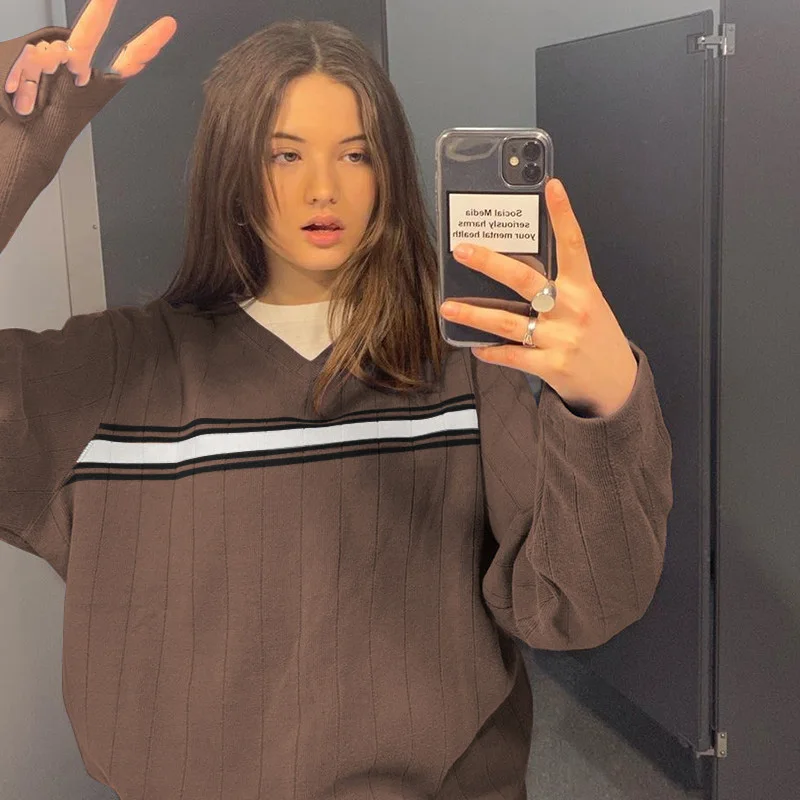 

Винтажная коричневого цвета в стиле 90-х размера плюс, Женская толстовка с длинным рукавом пот Femme Y2K джемпер в полоску с v-образным вырезом; Тр...