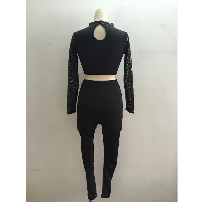 

2016 Casual Two Pieces Celeb Bodycon Women Sequined Bodysuit Long Sleeve Crop Top Long Pants Ladies Sequin Jumpsuit Romper S2643