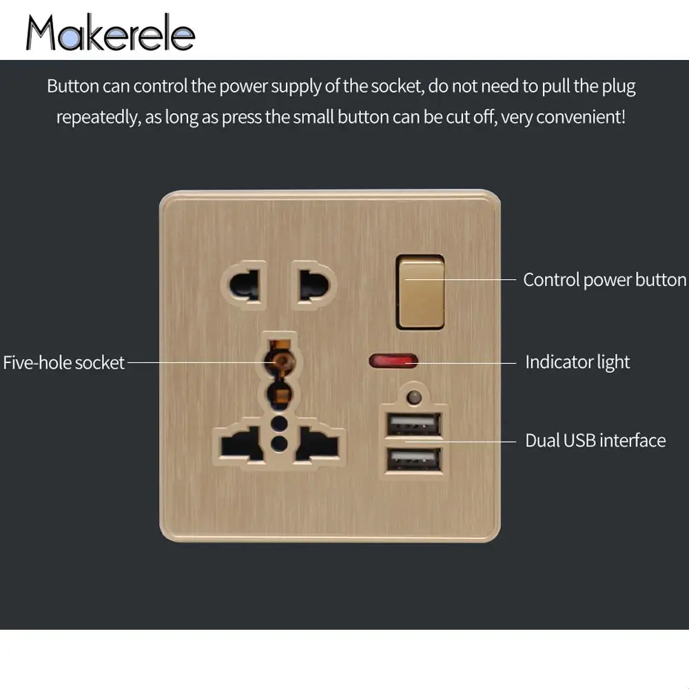13A универсальная настенная розетка с переключателем управления 5 отверстий 2USB
