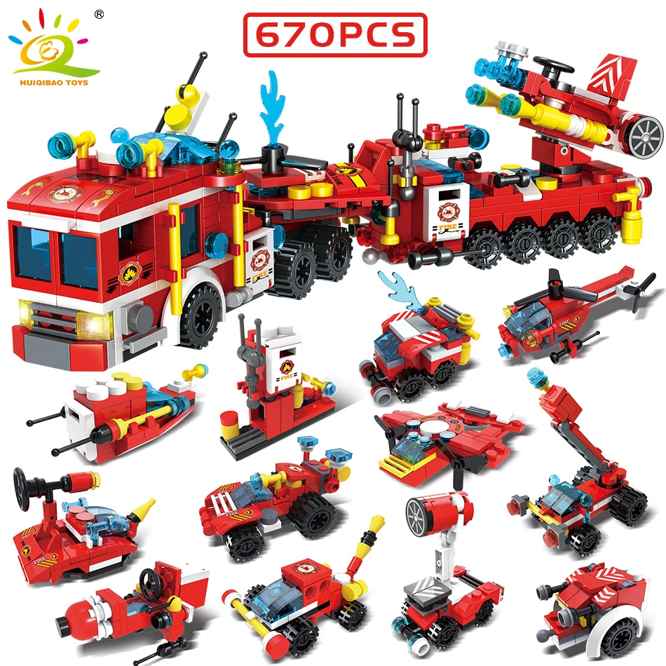 HUIQIBAO 670 шт пожарные машины автостанция Вертолет Лодка строительные блоки город
