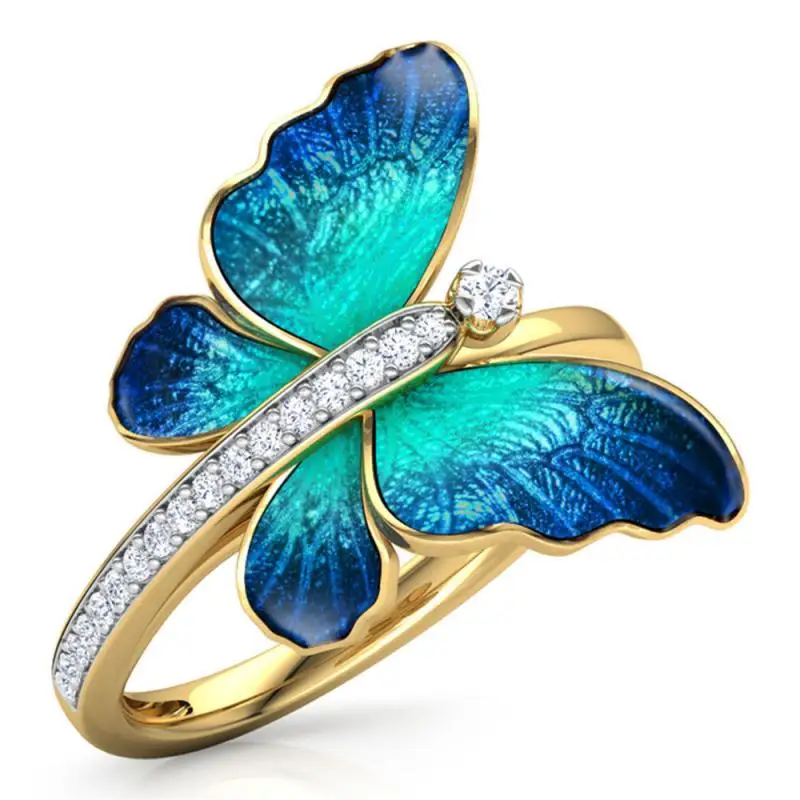 

Gorgeous Geometric Butterfly Crystal Enamel Ring Fashion Ladies Casual Wedding Party Geometric Insect Ring Jewelry