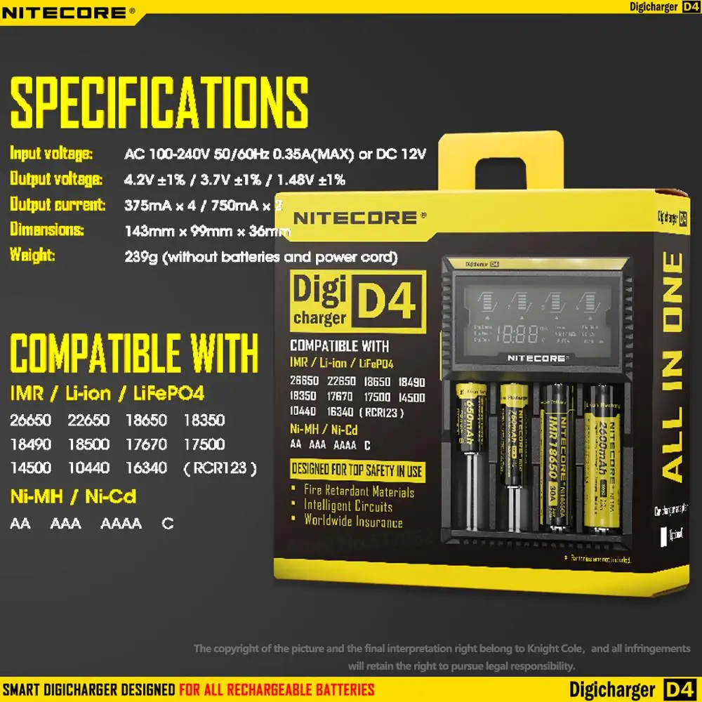 Оригинальное зарядное устройство Nitecore D4 умное с ЖК-дисплеем для аккумуляторов