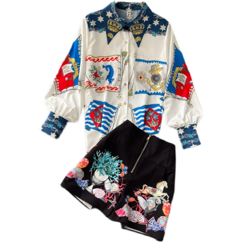 

Spring and Summer New Fashion Women's Printed Long Sleeve Elegant Shirts + High Waist Wide-legged Shorts Two-piece Sets S704