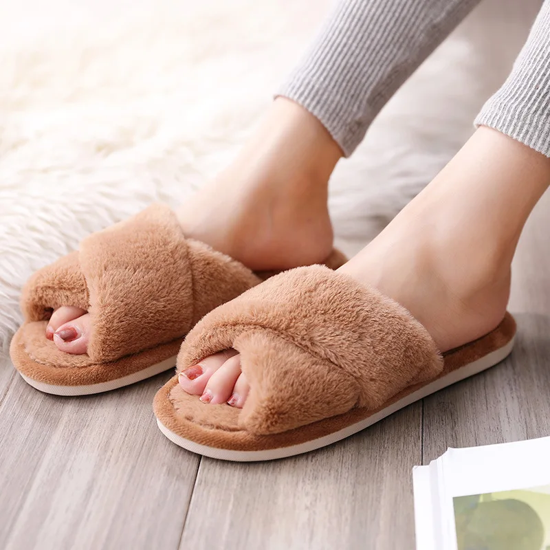 Brown Cross Non-slip Faux Fur Winter Women Slippers Home Female Comfort Floor Women Shoes Cotton Ladies Indoor Slippers Plush Slipper Unisex - Цвет: Brown Cross