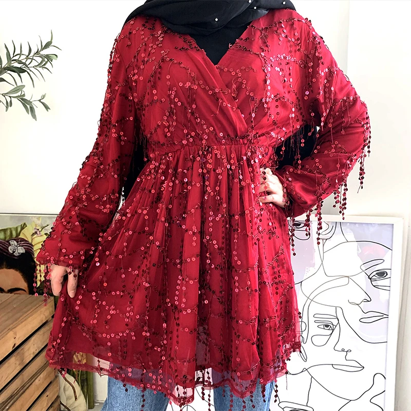 Женский топ с блестками Siskakia кисточками и v-образным вырезом приталенный
