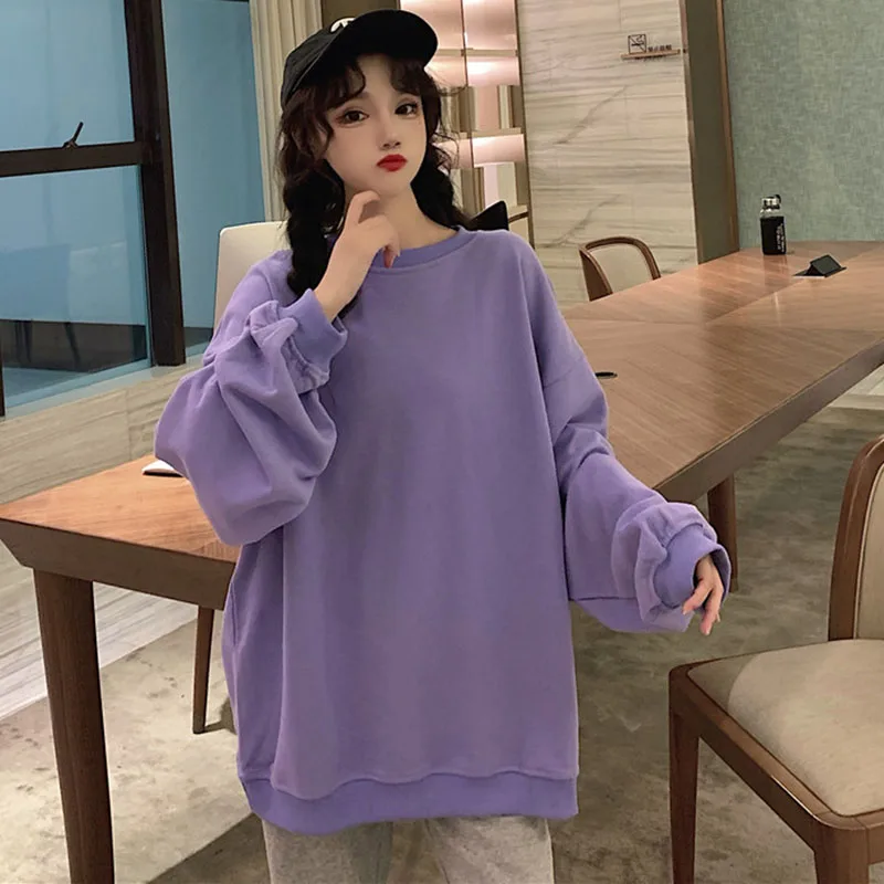 

Solid Casual Hoodies Sweatshirts Women O-Neck Long Sleeve Autumn Winter Pullovers Loose Streetwear Thicken Oversize Outwear X751