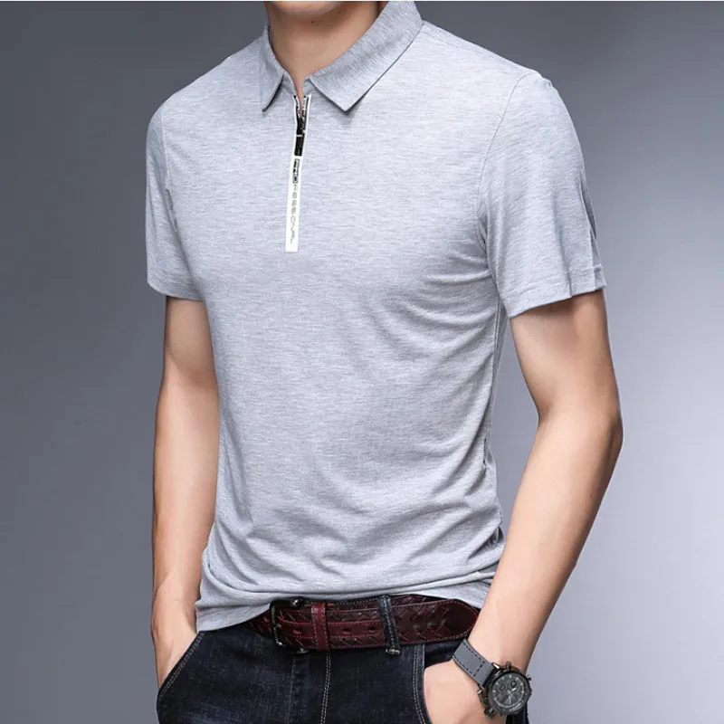 

Male Polo Shirt 2021 Summer Slim Plain Color Fashion Brands Design Cotton Polo Zip Up Collar Polo Men's Polo Shirt Short Sleeve