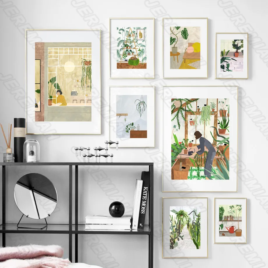 

Green Plant Character Cartoon Poster Nordic Style Waterproof Ink Canvas Print Painting Modern Living Room Wall Sticker