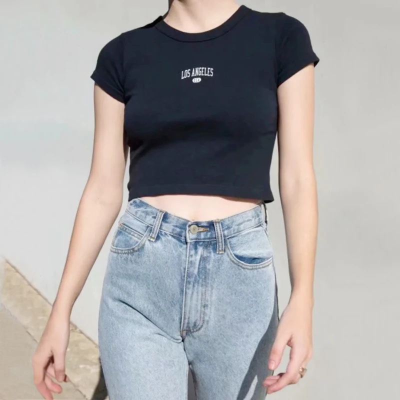 

Women Letter Print Front Short Sleeve Crop T-shirt