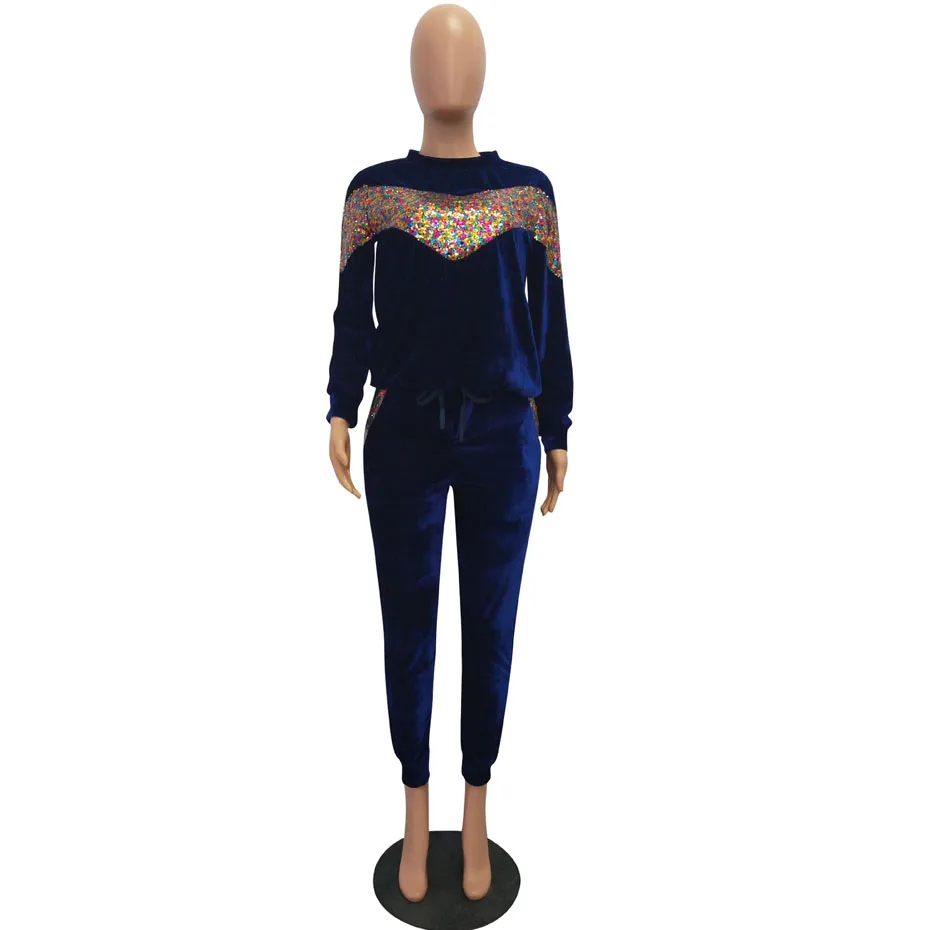 dark blue HAOYUAN Женский комплект 2 шт. из плотного бархата с блестками; Спортивный костюм; топы с длинными рукавами и брюки; осенний Велюровый костюм из двух предметов - Цвет: dark blue