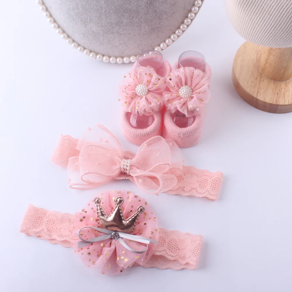 Baby 3Pcs Set Headband + Socks Kids Newborn Cartoon Boat Socks Lace Anti-slip Sock Shoes Boots Bowknots Floor Slipper Socks