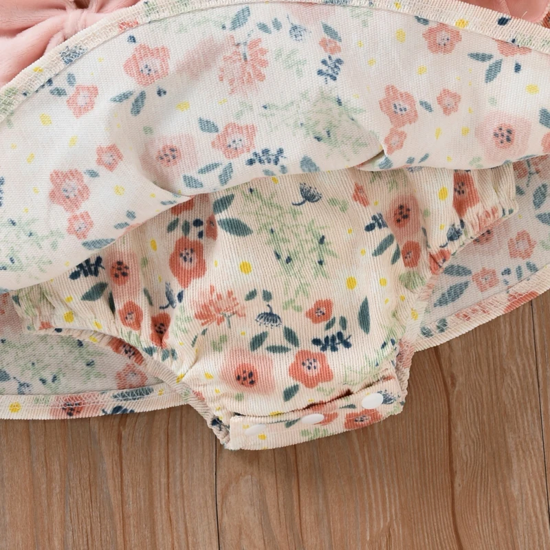 Newborn Girl Casual Romper Outfits Long Sleeve Floral Printed Patchwork Dress Style Playsuit + Bow-Knot Decor Headband Set | Детская