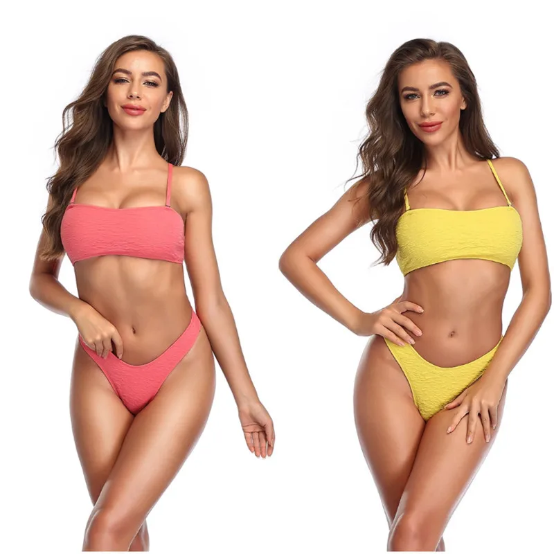 

2021 new special fabric pure color sling sexy cross lace split bikini women