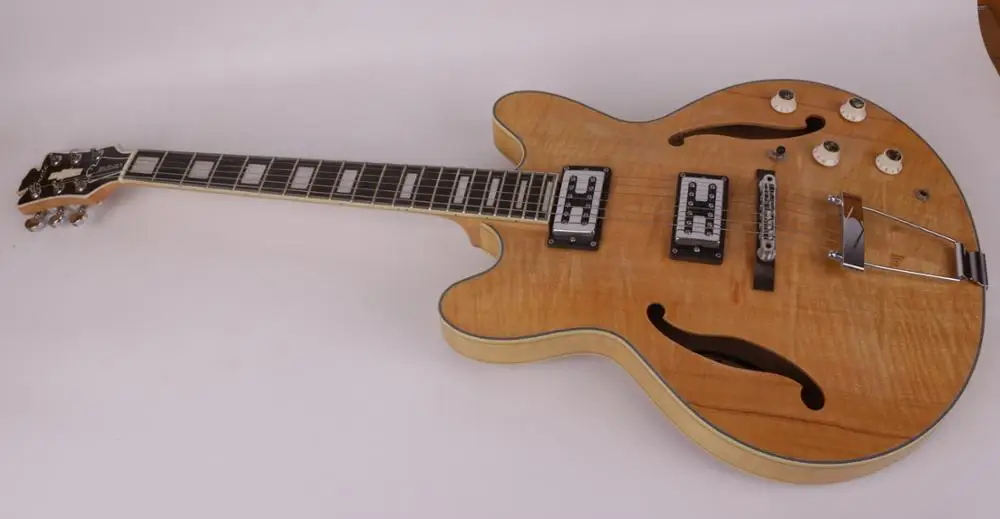 

good quality hand made solid wood jazz hollow body f hole flame maple electric guitar free shipping