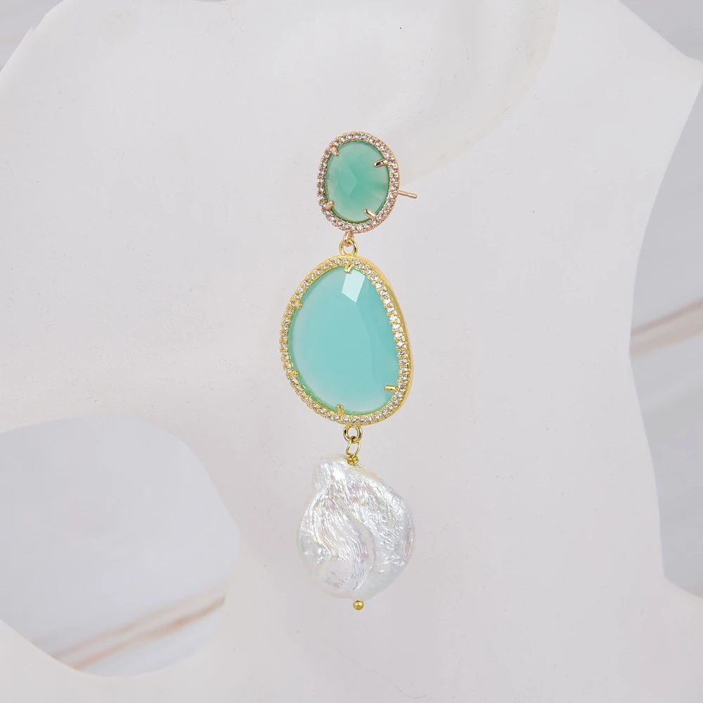 

Cultured White Keshi Pearl Blue Crystal Cz Pace Hook Dangle Earrings