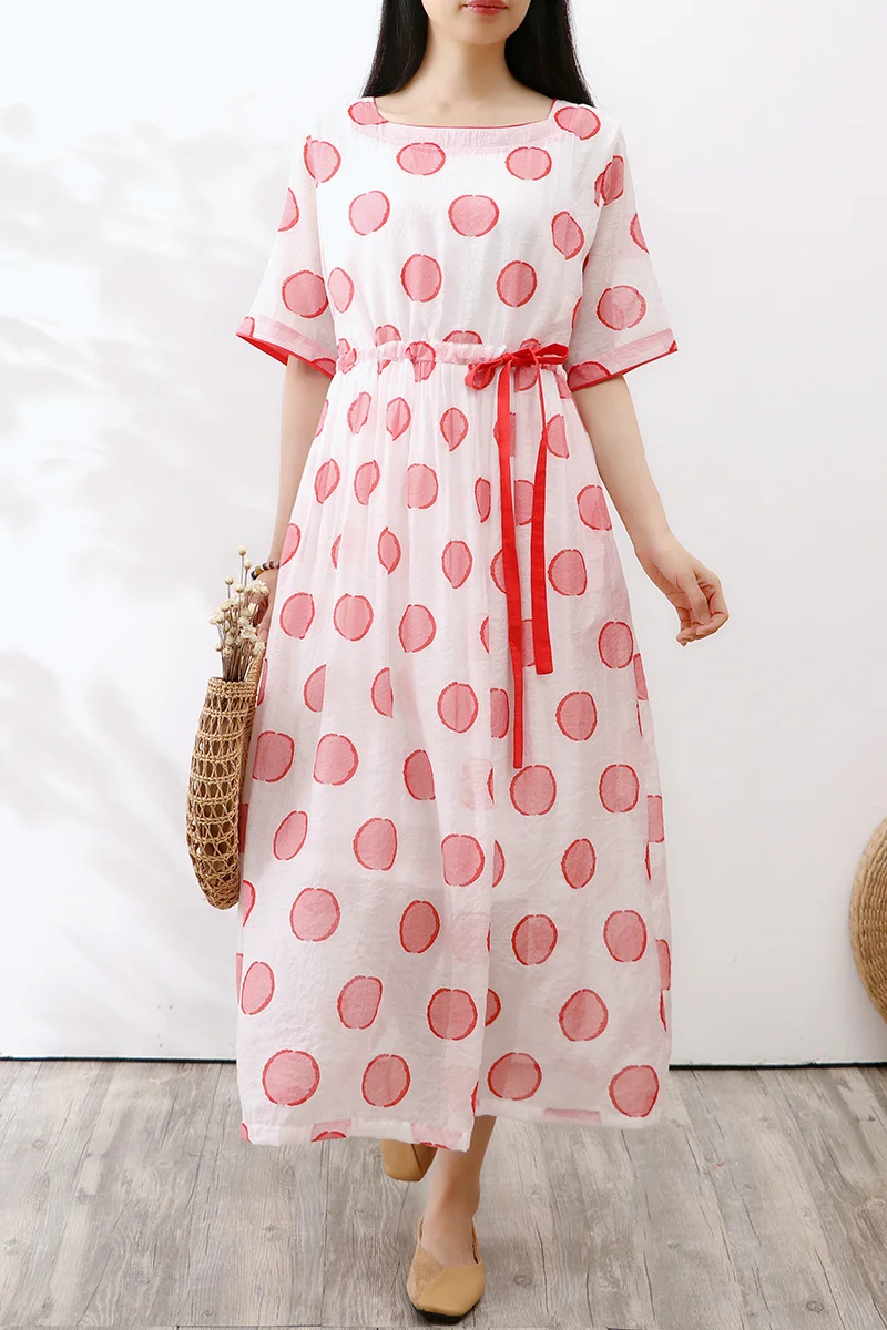 

Women Dress Summer Korean Fashion Red Polka Dots Dress Casual Loose Sweet White Tencel Midi Dress vestido feminino Robes