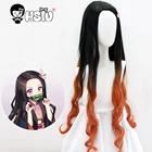 Kamado Nezuko косплей парик демон Slayer Kimetsu no Yaiba Косплей hhsiu  и оранжевый градиент длинные вьющиеся волосы волокна синтетический парик