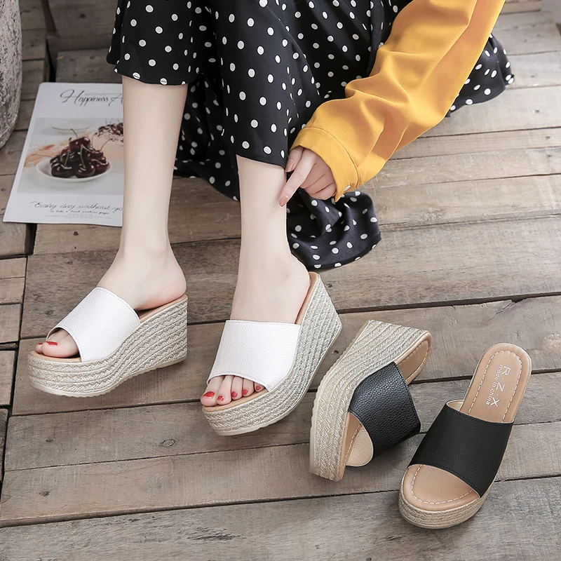 

House Slippers Platform Flat Shoes Female Peep Toe On A Wedge Women Heels Slides High Summer Scandals PU Slippers Women Summer F