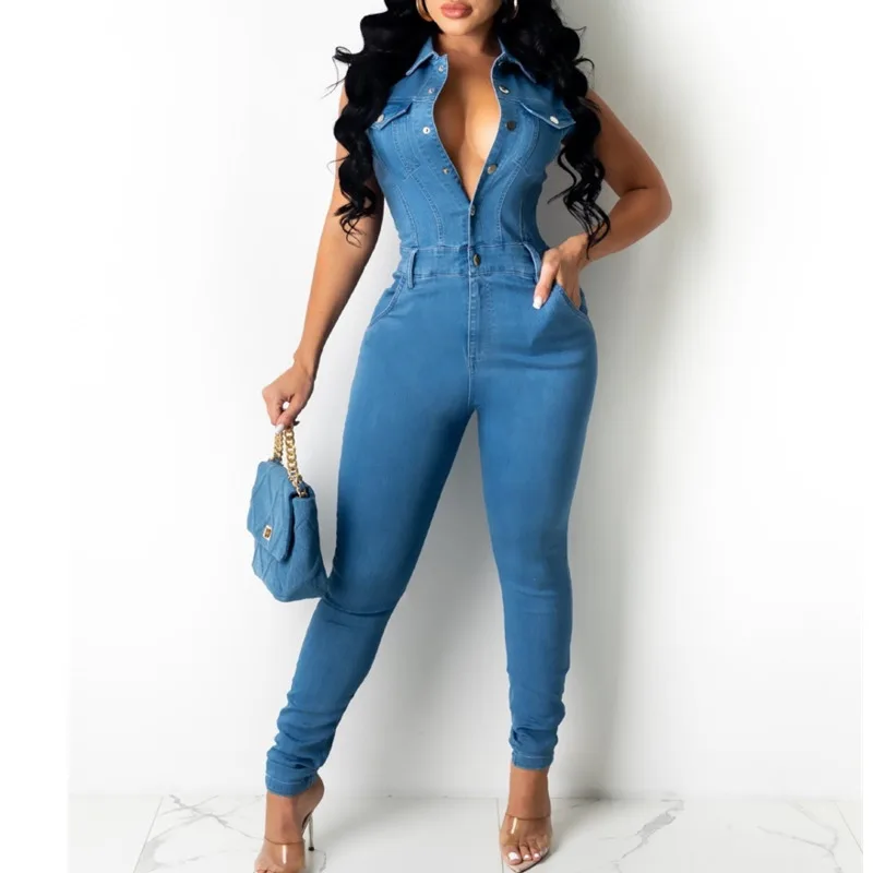 Модный однобортный джинсовый Длинный Облегающий комбинезон женский сексуальный