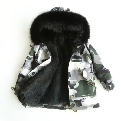 Camo Grey Black Пальто с мехом для девочек; куртка с искусственным лисьим мехом; зимняя детская одежда; камуфляжная верхняя одежда для мальчиков и девочек; детское меховое пальто; TZ155 - Цвет: Camo Grey Black
