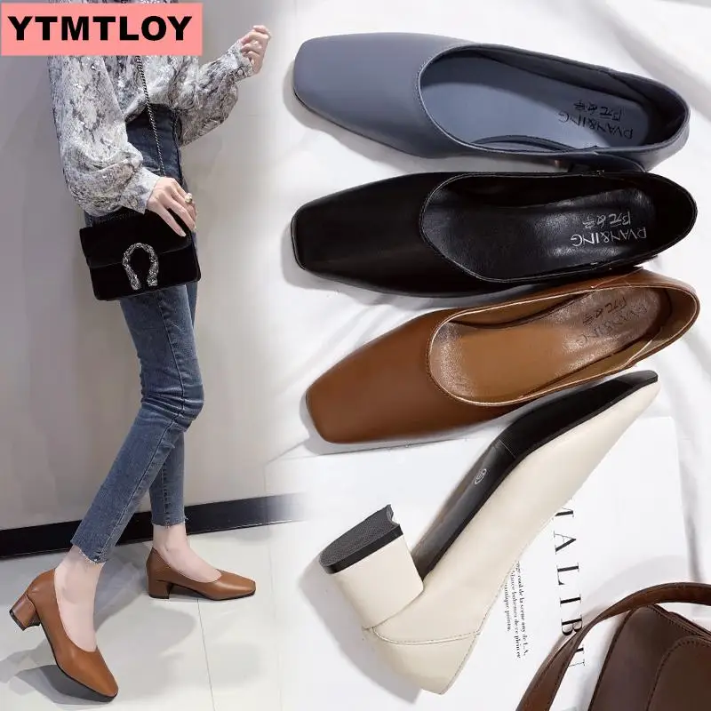 Женская обувь с закрытым носком на толстом каблуке удобные женские туфли лодочки