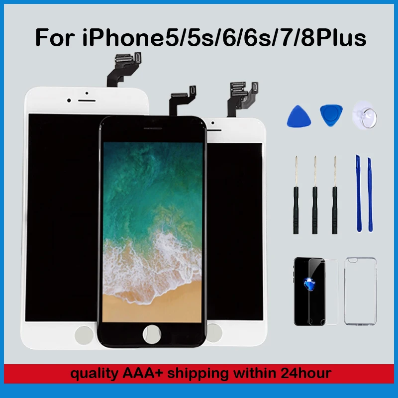 

ЖК-дисплей AAA + для iPhone 6, 6s, 7, 8 Plus, сенсорный экран 7Plus, Замена для iPhone 5S, ЖК-дисплей без битых пикселей + закаленное стекло + Инструменты + ТПУ