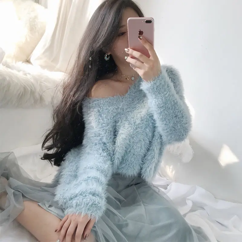 

Women 2021 Autumn Winter Fashion Retro Loose Knitted Pullovers Female Short Sweater Tops Ladies Solid Color Warm Tops Y345