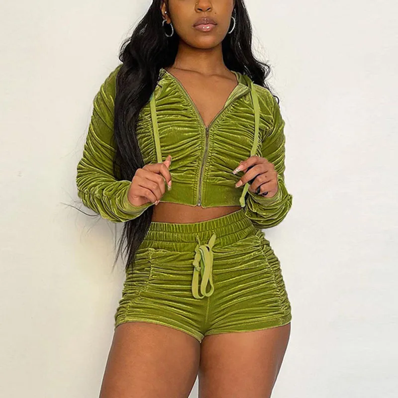 

2021 Autumn Winter Women 2 Two Piece Shorts Set Bodycon Long Sleeve Hoodies Sweatshirt Trouser Set Solid Shirred Pant Set Female