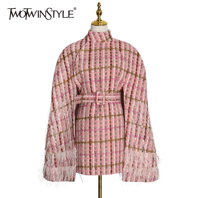 TWOTWINSTYLE клетчатое лоскутное перо женские пальто водолазка плащ воротник с