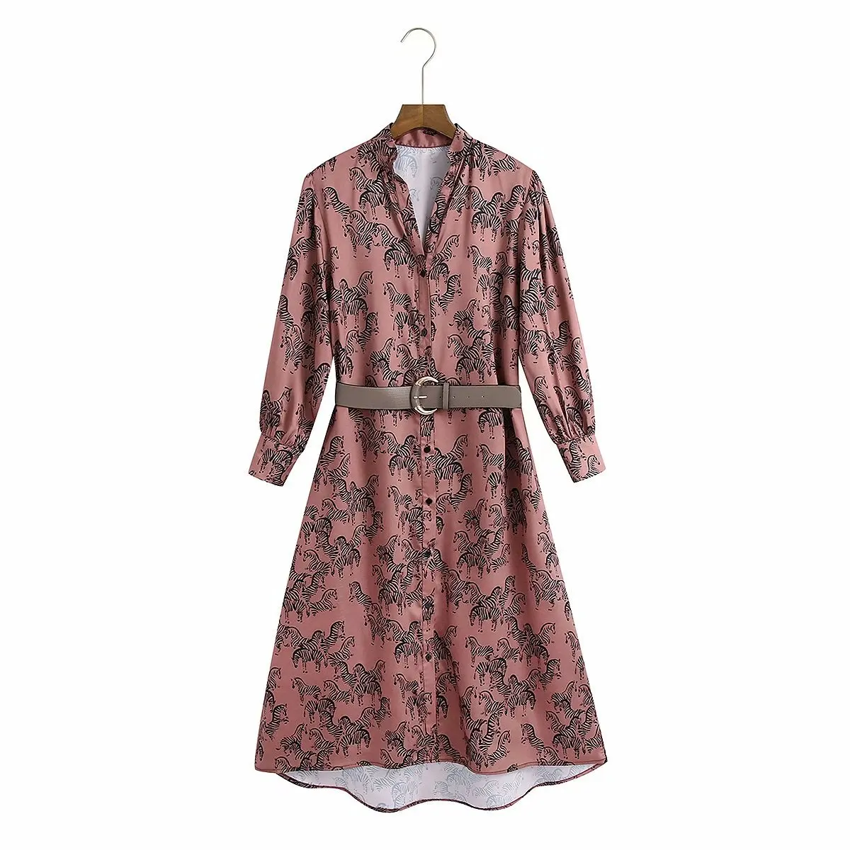 Женское длинное платье с принтом зебры элегантное поясом и воротником рубашкой