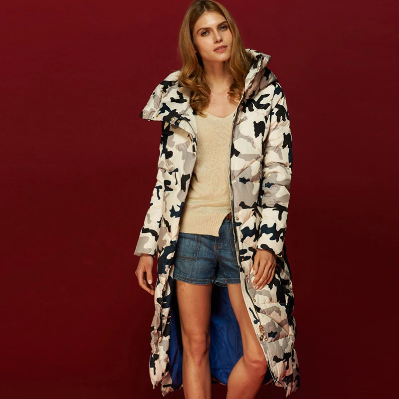 Бренд 2018 зимний Камуфляжный женский пуховик длинный на утином пуху утепленное