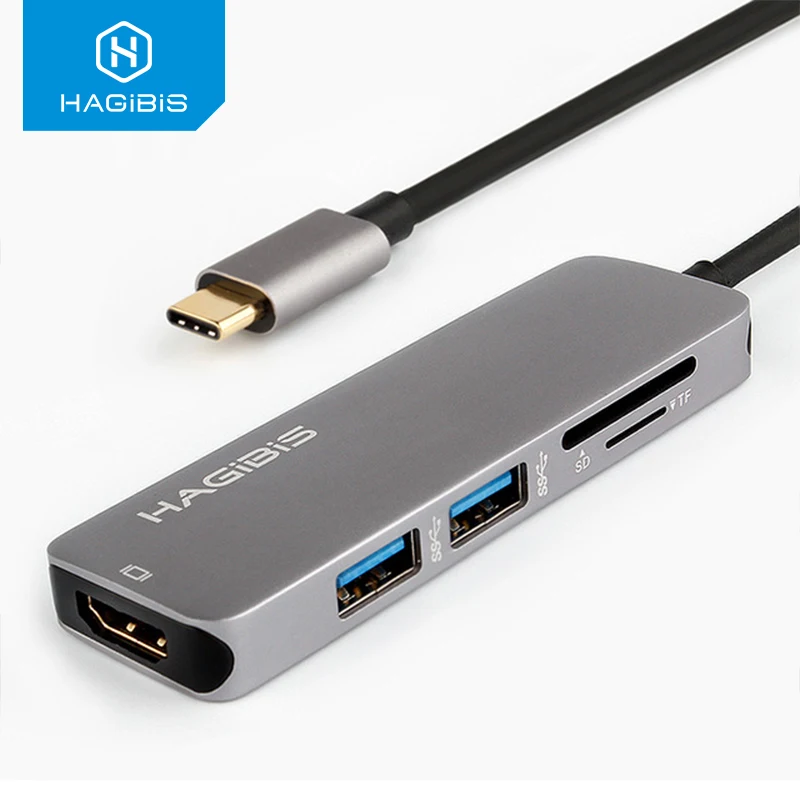 Hagibis Тип type-C USB 3,1 мульти Порты и разъёмы адаптер USB-C к HDMI 4K HD USB 3,0 концентратор 2-Порты и разъёмы SD Card Reader конвертер кабель для Macbook