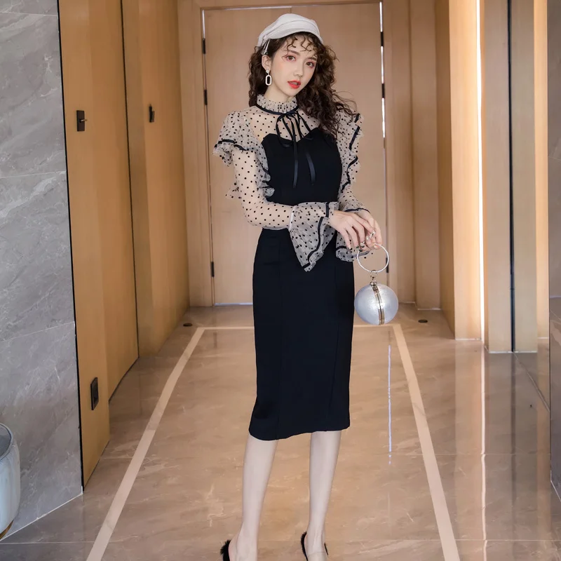 Женское облегающее платье в горошек Черное длинное Сетчатое Корейском стиле