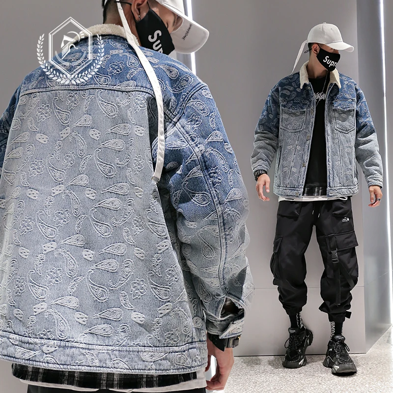 Golomise Men Fashion Loose Embroidery Fleece Heavyweight Denim Jacket Casual Pockets Hip Hop Parkas Coat | Мужская одежда