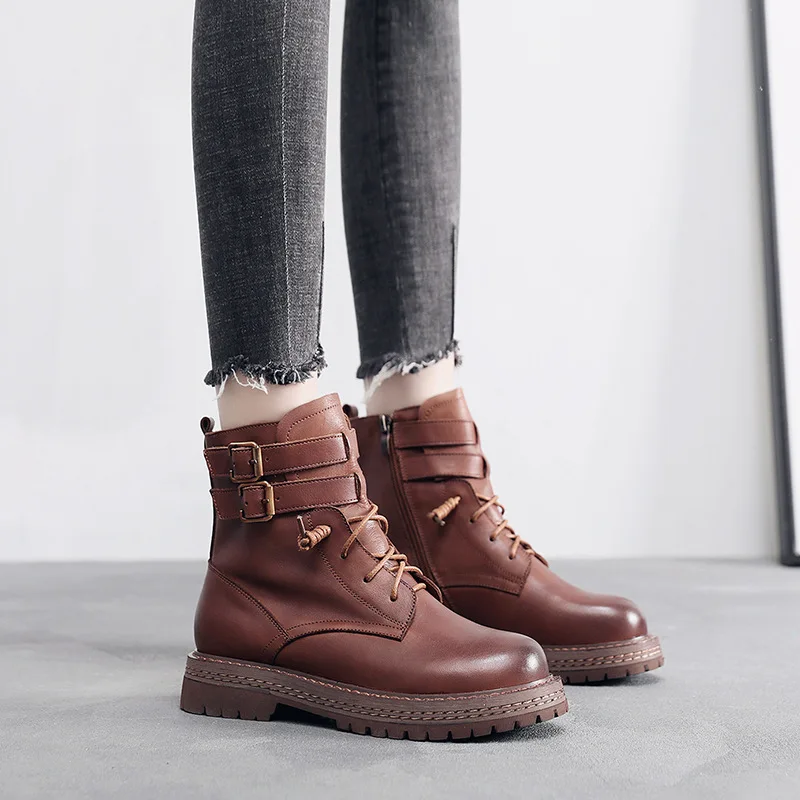 

Genuine Leather Platform Boots for Women 2021 Belt Buckle Designer Shoes Woman Booties Zipper Ankle Boots Female Heels Women New