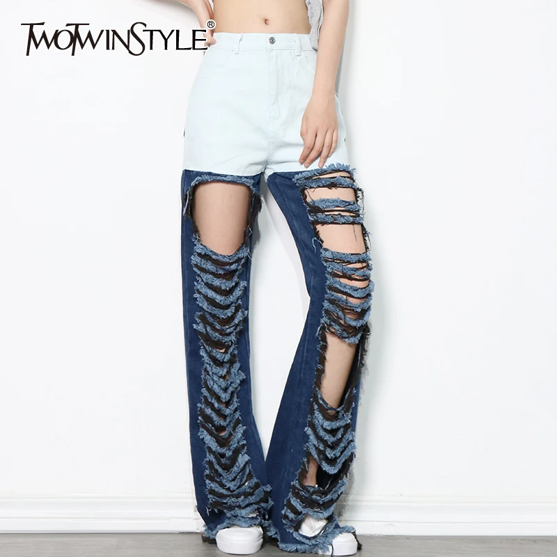 

Женские прямые джинсовые брюки TWOTWINSTYLE, двухцветные, с высокой талией, джинсы с кисточками для женщин