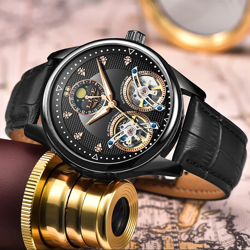 Reloj LIGE Мужские механические часы Tourbillon Роскошные модные брендовые кожаные
