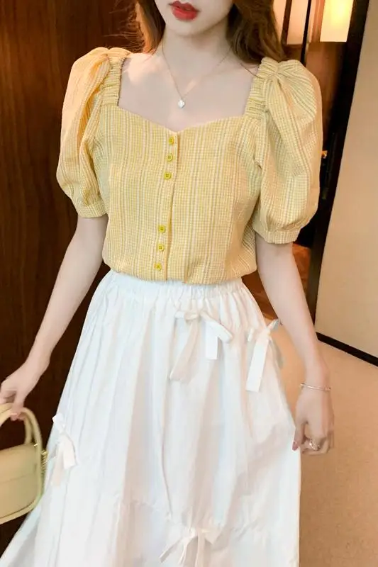 

Women Blouses 2021 New Solid Color Grid Single-breasted Shirt Puff Sleeve Chiffon Shirt Cardigan Square Collar Shirt Top Femme