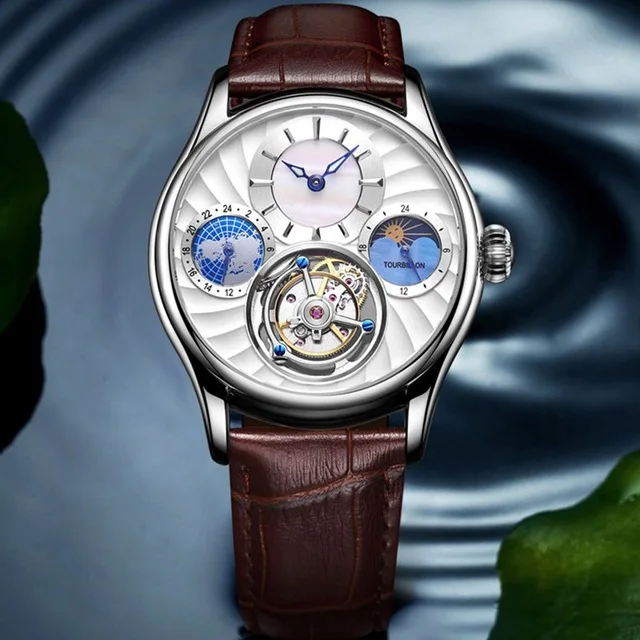Silver White Tourbillon сапфир часы Скелетон Мужские автоматические механические часы Многофункциональный 24-часовой и лунной фазой, Для мужчин часы лучший бренд класса люкс - Цвет: Silver White