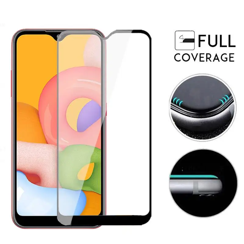 Protector de pantalla de vidrio templado para Samsung Galaxy A01 A01 A015F/DS, pel&iacute;cula de borde curvado 3D, 2 uds.-1