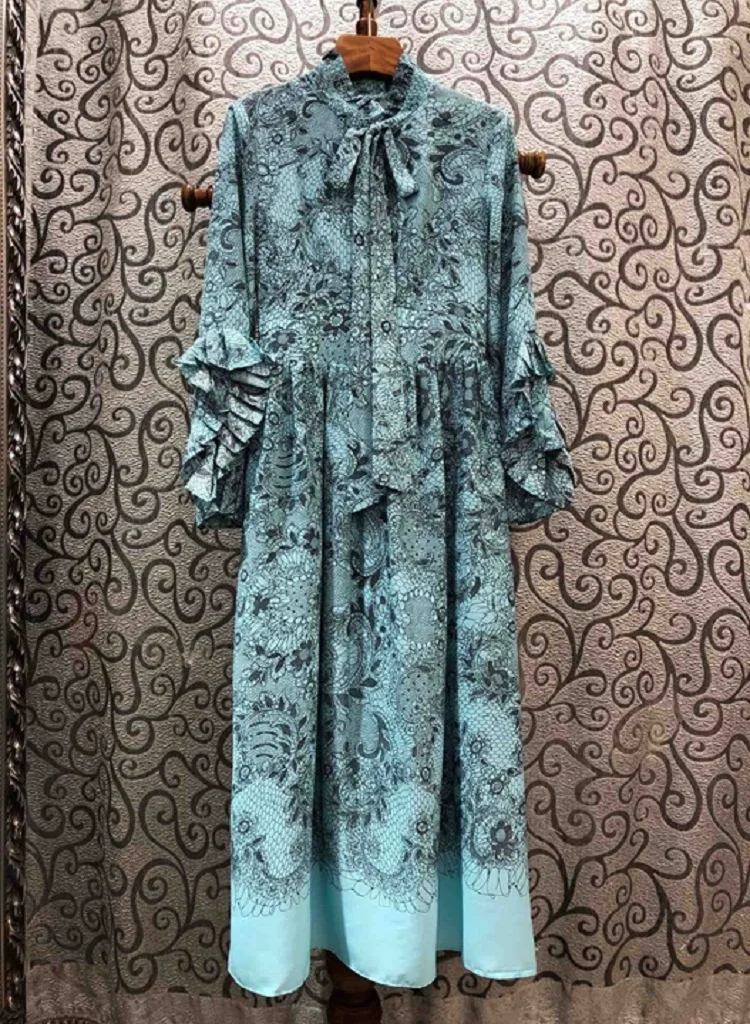 

Fashion High Quality Spring Dress 2021 Women Bow Collar Vintage National Style Print Long Sleeve Mid-Calf Blue Apricot Dress